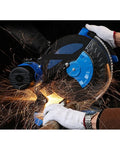Kickass 2600W Belt Drive Aluminum Cutting Saw With 45 Degree Bevel Quick Adjustment Dial in action, cutting with sparks.