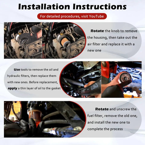 Installation instructions for All In One Heavy Duty Tractor Filter Kit For 2415 2516 22 24 25 26 Max Series HST Gear XL Tractors
