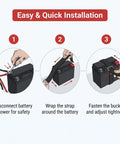 Easy installation steps for Tough As Nails 2 Pack Motorcycle Battery Strap showing strap wrapping and buckling on a battery.