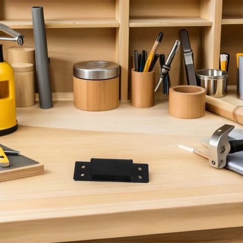 Hidden Door Hinge 5 Inch Black Concealed Pivot For Cabinets And Secret Doors Heavy Duty Invisible Cabinet Hardware on workbench