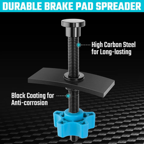 Heavy Duty Caliper Piston Compressor Tool With Brake Pad Spreader And Two Caliper Hangers For Most Cars And Light Trucks Built Tough In High Carbon Steel, showing high carbon steel construction with anti-corrosion black coating.