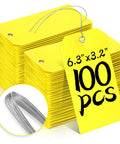 100 Pack Rugged Writable Plastic Tags With Secure Wire Ties, Heavy Duty Waterproof Labels For Outdoor Tools Garage Moving Pipes, Bright Yellow Surface No Sweat Marker Writing System, showing 6.3"x3.2" plastic tags.