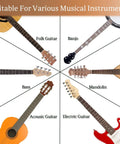 Different string instruments including folk guitar, banjo, bass, mandolin, acoustic guitar, and electric guitar shown.