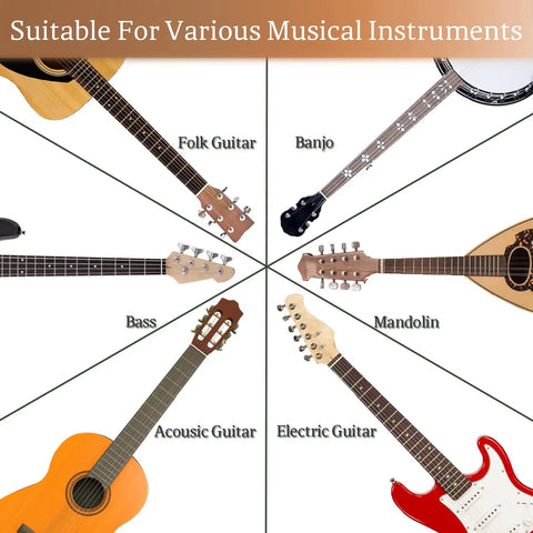Different string instruments including folk guitar, banjo, bass, mandolin, acoustic guitar, and electric guitar shown.