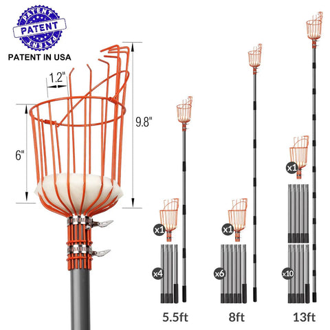 Adjustable 8Ft Fruit Picker Tool With Lightweight Stainless Steel Pole And Large Round Basket, Fruit Catcher For Apples, Oranges, Mangoes, Pears, Avocados, Easy Soft Landing Pad To Prevent Bruises