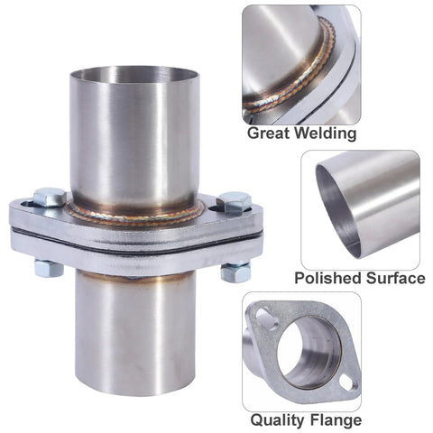 Pro Grade Stainless Steel Exhaust Flange Repair Pipe Kit With Dual Bolt Mount And Tough Sealing Ring showing great weld and polished surface.