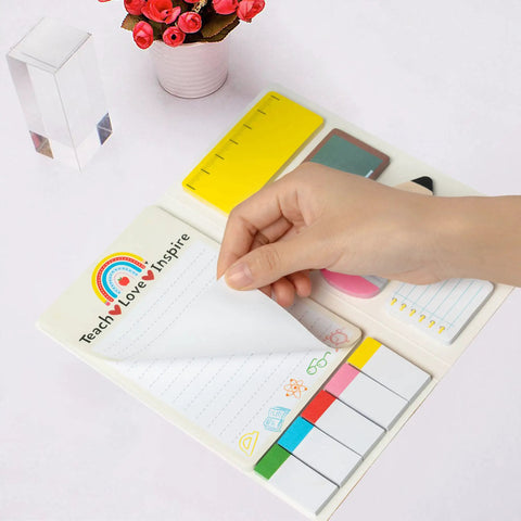 Teaching Is A Work Of Heart Sticky Notes Set For Teachers hand flipping notepad with colorful tabs and inspirational text