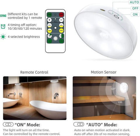 Wireless Motion Sensor LED Closet Lights With Remote USB Rechargeable Puck Lights showing remote control and sensor features.