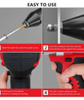Cordless Rivet Gun Tool For M18 18V Battery Systems Red compact instructions showing how to insert rivet and operate.