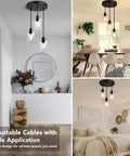 Industrial Three Light Pendant Light with adjustable height, black finish and clear glass shade in living room and kitchen settings