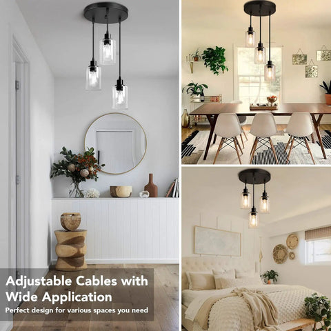 Industrial Three Light Pendant Light with adjustable height, black finish and clear glass shade in living room and kitchen settings