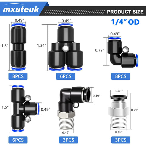 Push To Connect Air Hose Fittings Kit For One Quarter Inch Tubing 34 Piece Quick Connect Pneumatic Fittings Set sizes