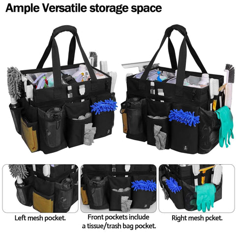 Extra Large Rolling Cleaning Caddy With Built In Hard Support Board And Detachable Trolley Housekeeping Cleaning Cart, showcasing mesh pockets and storage compartments filled with cleaning supplies.