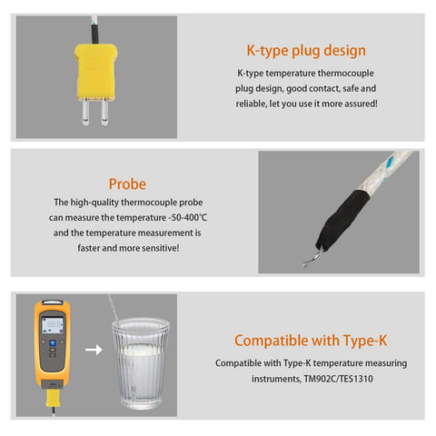 K-type thermocouple probe set, 5 pieces with yellow plug and black insulated tips, 3 m cables.