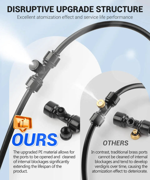 Comparison of Outdoor Misting System For Patio Cooling with PE nozzles to other systems, highlighting durability and sand resistance.