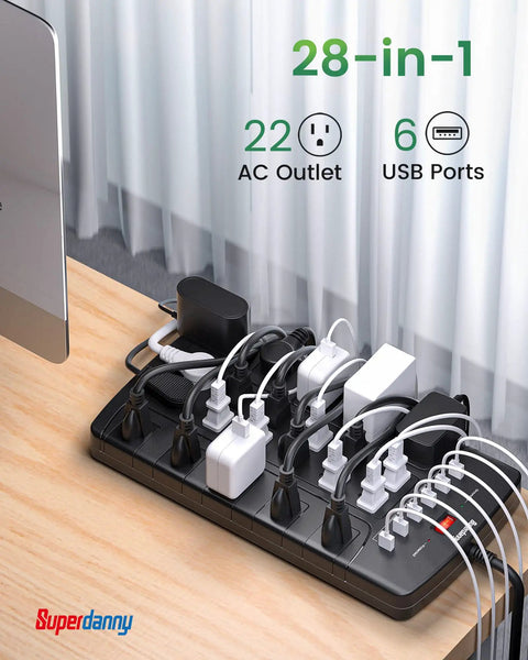 22 Outlet Power Strip Surge Protector With Six Point Five Foot Flat Plug Extension Cord Ideal Charging Hub for Home Office setup