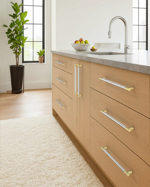 Beefy 6.3 Inch Cabinet Pulls Set Of 10 Gold And Nickel Knurled Brushed Finish for kitchen cabinets on wooden drawers