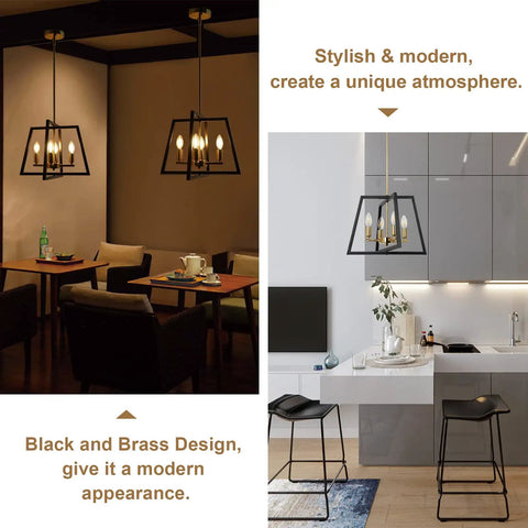 Black Brass Farmhouse Lantern Chandelier 4 Light Pendant With Bird Cage Frame Gold Finish in modern dining and kitchen setup