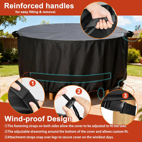 Round Outdoor Table And Chair Set Cover Fits 48 Inch Diameter By 28 Inch High Beefy Built 420D Waterproof UV Resistant Windproof Black Patio Furniture Cover with reinforced handles.