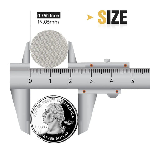 Pipe Screens 120Pcs 3/4 Inch 19mm Stainless Steel Pipe Screen with 60 Mesh alongside caliper measuring size above a quarter coin