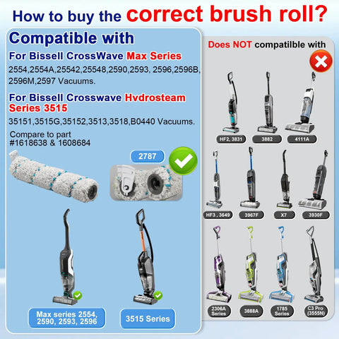Brush And Filter Replacement Parts Kit For Bissell CrossWave Max And HydroSteam Plus Vacuums Fits 2554 2554A 25542 25548 2590 2593 2596 2596B 2596M 2597 And 35151 3515 35152 3513 3518 B0440 Easy Install And Durable Cleaning Accessories. compatibility chart