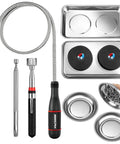 6-Piece telescoping magnetic pickup tools set; silver metal shafts with 31in, 25in and 20in pickups and two magnet trays