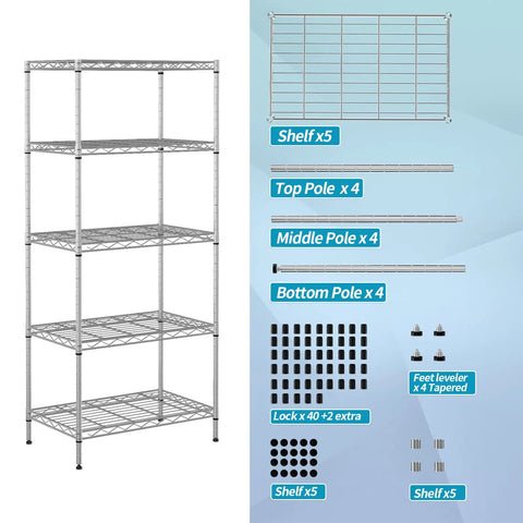 Heavy Duty Five Tier Wire Shelving Unit Rock Solid Chrome Metal Storage Rack With Quick Adjustable Levels Zero Fuss Assembly For Kitchen Garage Pantry Bathroom