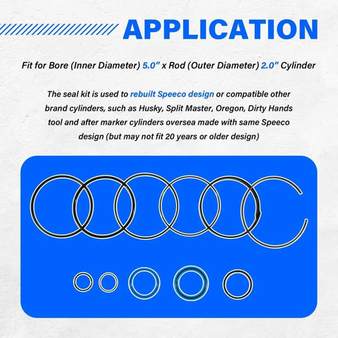 Hydraulic Log Splitter Cylinder Rebuild Seal Kit For 5.0 Inch Bore And 2.0 Inch Rod, Complete O Ring And Seal Set, Includes All Seals