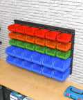 Wall Mounted Storage Bins Organizer for Garage and Workshop, 30 Bin Set in Four Colors, ABS Plastic on brick wall.