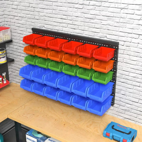 Wall Mounted Storage Bins Organizer for Garage and Workshop, 30 Bin Set in Four Colors, ABS Plastic on brick wall.