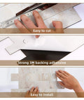Peel And Stick Backsplash Tile 10 Sheets Brick Stone Look being cut, adhesive backing shown, and final installation demonstration.