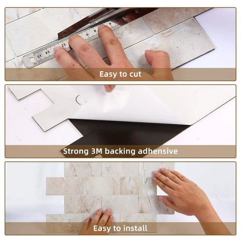 Peel And Stick Backsplash Tile 10 Sheets Brick Stone Look being cut, adhesive backing shown, and final installation demonstration.