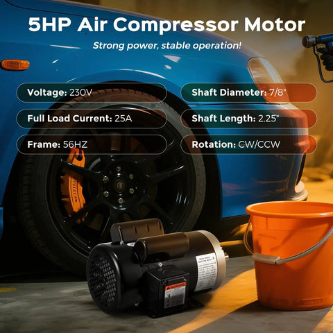Five Horsepower 3450 RPM Air Compressor Motor 230V Single Phase 25 Amp Full Load Frame 56 Hz Dual Rotation near car and bucket