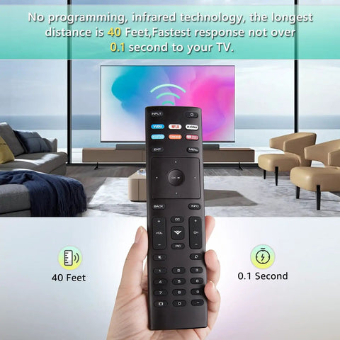 Person holding No Fuss Universal Smart TV Remote Replacement XRT136 For Vizio SmartCast highlighting features.