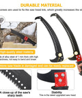Extendable 27 Feet Tree Pole Pruner With Adjustable Height, durable alloy steel blade, close-up of sharp teeth and stability feature.