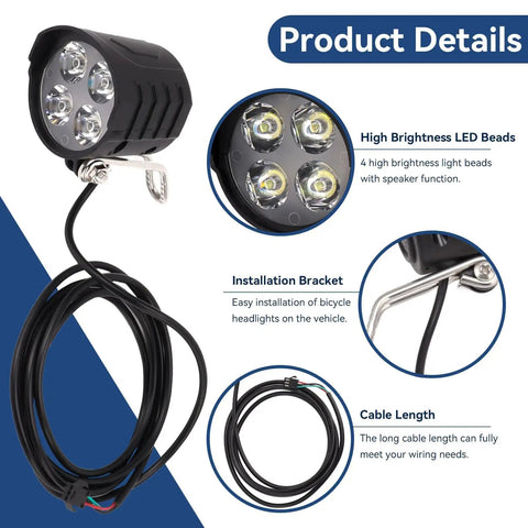 12W Ultra Bright Bike Front Light For Electric Bikes And Scooters With Fog Lights And Horn, Easy To Install, Fits 36V 48V 52V 60V Ebikes, Crazy Bright Night Riding LED Headlamp For Trails And Road