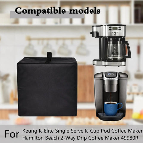 Heavy Duty Waterproof Coffee Maker Cover Fits K Elite and Hamilton Beach 12 Cup Machines shown with coffee makers
