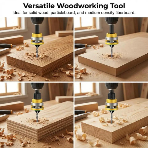 Pro Grade Four Blade Countersink Drill Bit Set With Depth Stop And Aluminum Stop Collar for woodworking on wooden boards