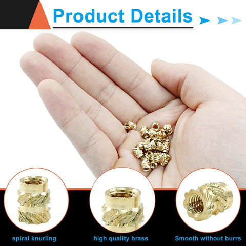 Hand holding 100 Pcs M3 Brass Heat Set Threaded Inserts For 3D Printing M3x5.7x4.6 Size Knurled Nuts With Hardcore Hardness