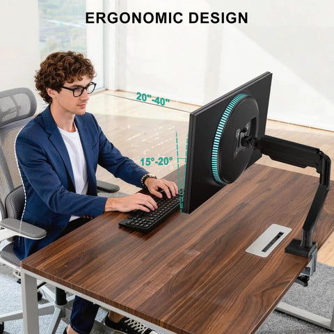 Single Monitor Arm Mount For 13 To 34 Inch Screens, Adjustable Desk Mount, shown installed on a wooden desk, ergonomic setup.