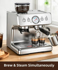 Level Up Your Daily Grind With This 15 Bar Dual Boiler Espresso Machine Featuring A Quick Built In Grinder And Auto Milk Frother For Silky Lattes And Smooth Home Sipping Anytime, brewing two shots of espresso while steaming milk.