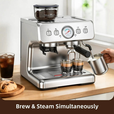 Level Up Your Daily Grind With This 15 Bar Dual Boiler Espresso Machine Featuring A Quick Built In Grinder And Auto Milk Frother For Silky Lattes And Smooth Home Sipping Anytime, brewing two shots of espresso while steaming milk.