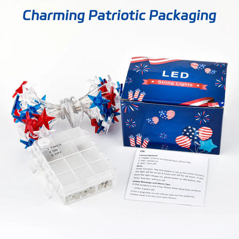 Patriotic Pentagram Star String Lights 13 Ft 40 LED Waterproof Outdoor Battery Operated With Timer Red White And Blue packaging
