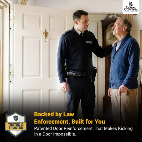 A police officer talking to an elderly man by a reinforced white door with Door Armor Max Single Door Security Kit.