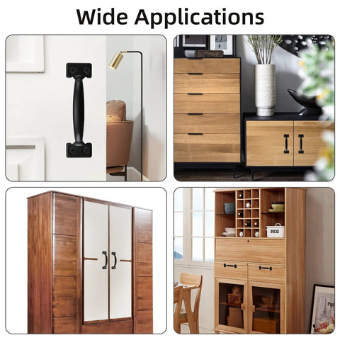 5-3/4 Inch Black Gate Pull Handle Set 25 Pack With Screws for Doors, Cabinets, Drawers shown in various interior applications