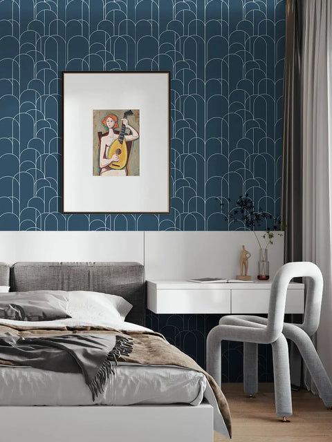 Bedroom with Blue Peel And Stick Geometric Wallpaper For Home Decor And Furniture Renovation Self Adhesive Matte Contact Paper 17.71 Inches By 118 Inches No Fuss Easy Install And Remove Removable Wall Covering For Quick Makeovers on feature wall.