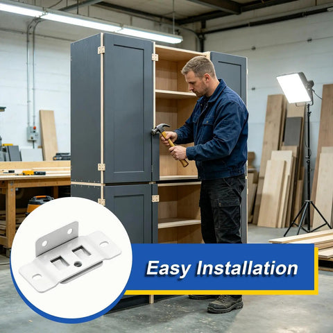 Man installing cabinet using Heavy Duty L Shaped Furniture Joint Bracket With Screws Quick Fit Iron Clip For Bookshelves And Cabinets 90 Degree Corner Support Rock Solid No Wobble Easy Install Concealed Look, demonstration of easy installation