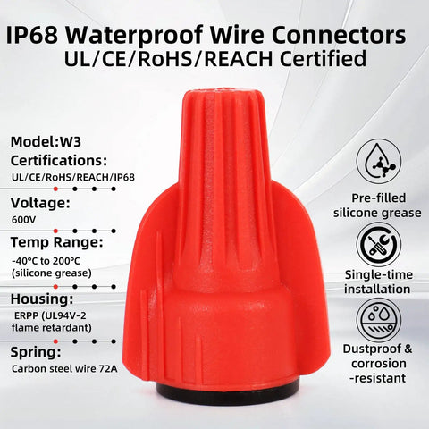 Waterproof Wire Connectors 50 Pack for 18 to 10 AWG Wiring Silicone Filled IP68 Pro Grade All Weather Gear, red connector close-up.