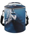 Yacht Printed Go-To Cooler Backpack Insulated Leakproof Lunch Bag For Camping Beach Hiking And Travel With Padded Straps And Heavy Duty Zippers Keeps Food Cold And Water Resistant For Hours, showing yacht print design on cylindrical bag.