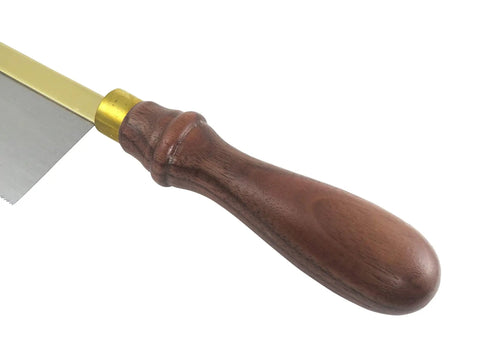 Kickass Eight Inch Dovetail Saw With Beefy Rolled Brass Back And Classic Walnut Grip showing walnut handle detail.